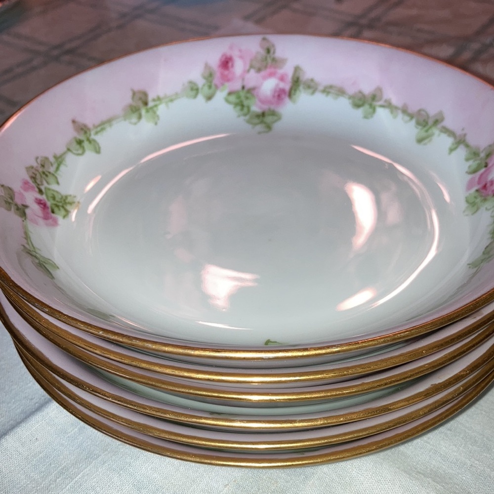 Lot of 6 hand painted porcelain bowls w/pink & pink roses, gold trim.   $59